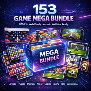 Può includere: Una grafica digitale che promuove un "153 Game Mega Bundle" con vari screenshot di giochi, tra cui arcade, puzzle e sport. L'immagine presenta una cartella con l'etichetta "MEGA BUNDLE" e il testo "HTML5 • Web Ready • Android WebView Ready".