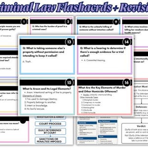 以下が含まれることがあります： 「Criminal Law Flashcards + Revision」というタイトルのPDFドキュメント。法律に関するトピックをカバーするフラッシュカードが含まれています。カードには、放火、殺人、法的手続きなどの質問と回答が記載されています。法律の勉強用に設計されています。