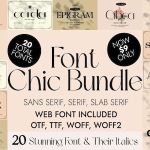 May include: An image showcasing a font bundle with 20 different fonts, including sans serif, serif, and slab serif. The text reads "Font Chic Bundle" and "Now £7.20 Only". Web font included.