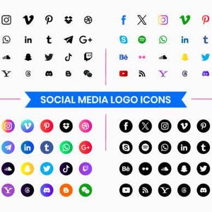 Könnte beinhalten: Sammlung von Social-Media-Logo-Icons in verschiedenen Farben und Stilen. Enthält Logos für Facebook, Instagram, Twitter, YouTube und mehr. Der Text "SOCIAL MEDIA LOGO ICONS" wird auf einem blauen Banner angezeigt.