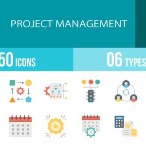 Op de afbeelding: Een turquoise afbeelding met de woorden "PROJECT MANAGEMENT FLAT" en de tekst "50 ICONS" en "06 TYPES". Hieronder staan kleurrijke platte pictogrammen die projectmanagementconcepten vertegenwoordigen, waaronder grafieken, kalenders en workflowdiagrammen.