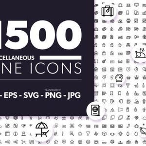 May include: An image featuring the text "1500 Miscellaneous Line Icons" in white on a dark purple background. The image also includes a collection of various black and white line icons, available in .AI, .EPS, .SVG, .PNG, and .JPG formats.