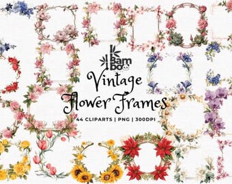 May include: A collection of vintage flower frames in various shapes and colors, including red roses, yellow sunflowers, and blue hydrangeas. The image includes the text "Vintage Flower Frames" and "44 Cliparts | PNG | 300DPI".