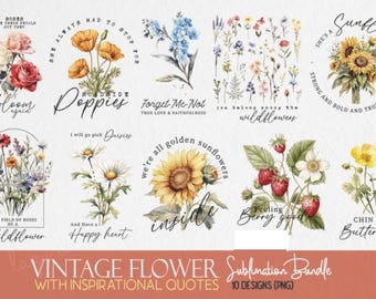 Vintage Floral Quote PNG Bundle: Retro Clipart Designs (Digital Download)