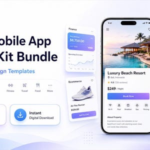 Puede incluir: Una pantalla digital que muestra un paquete de 68 plantillas de interfaz de usuario para aplicaciones móviles, incluyendo pantallas para reservas de hoteles, finanzas, entrega de comida, viajes y seguimiento de actividad física.