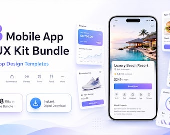 Ensemble de 68 kits d'interface utilisateur/UX d'application mobile, modèles de conception d'application mobile, kit de kit d'interface utilisateur pour la réservation, la finance, le commerce électronique, la forme physique, les voyages, le téléchargement numérique