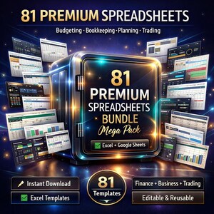 Op de afbeelding: Een digitaal productpakket met 81 premium spreadsheets voor budgettering, boekhouding, planning en handel. De centrale afbeelding toont een metalen kluis omringd door diverse spreadsheet-voorbeelden, met de tekst 81 Premium Spreadsheets Bundle Mega Pack, Excel + Google Sheets en 81 Templates.