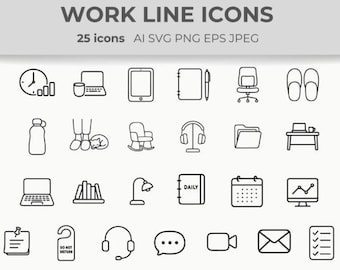 Work From Home Line Icons: Minimalist Planner Stickers, Cozy Office Vector Set