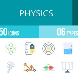 May include: A teal graphic with the word "PHYSICS" and the word "FLAT". Below, it says "50 ICONS" and "06 TYPES". The image contains icons of scientific equipment and concepts, including an atom, a battery, and a beaker.