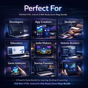 May include: A digital graphic titled Perfect For 153 Web HTML Android & Web Ready Game Mega Bundle. It features nine panels showing laptops, tablets, and smartphones displaying code, game interfaces, and data charts for developers and creators.