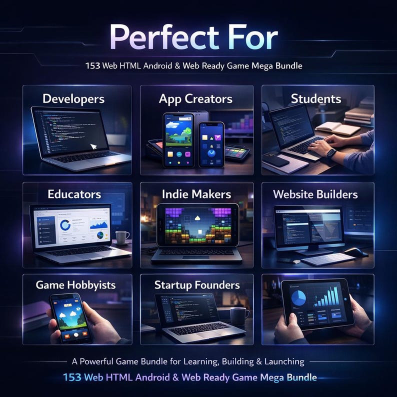 May include: A digital graphic titled Perfect For 153 Web HTML Android & Web Ready Game Mega Bundle. It features nine panels showing laptops, tablets, and smartphones displaying code, game interfaces, and data charts for developers and creators.