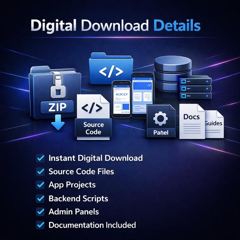 K&ouml;nnte beinhalten: Grafik mit digitalen Download-Details in Blau. Enth&auml;lt eine ZIP-Datei, ein Quellcode-Symbol, Handy-Mockups, Datenbank-Symbole und Dokument-Symbole. Der Text enth&auml;lt "Sofortiger digitaler Download", "Quellcode-Dateien", "App-Projekte", "Backend-Skripte".