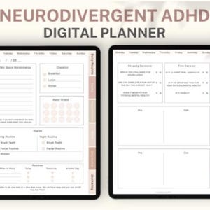 May include: Two digital planners on a white background. The top text reads "Neurodivergent ADHD Digital Planner". The planner on the left has sections for daily routines, checklists, and water intake. The planner on the right has sections for shopping decisions and free decisions.