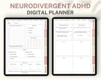 Pode incluir: Dois planejadores digitais em um fundo branco. O texto superior diz "Neurodivergent ADHD Digital Planner". O planejador à esquerda tem seções para rotinas diárias, listas de verificação e ingestão de água. O planejador à direita tem seções para decisões de compra e decisões livres.