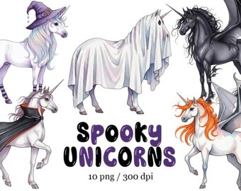 Watercolor Halloween Unicorn Clipart Bundle, Spooky Art (PNG)