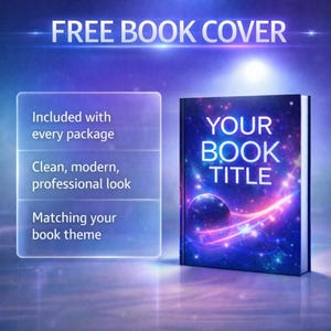 K&ouml;nnte beinhalten: Ein Buchcover-Design mit Weltraumthema, das eine Galaxie aus Sternen, Planeten und Nebeln in Blau-, Lila- und Rosat&ouml;nen zeigt. Das Cover enth&auml;lt den Text "YOUR BOOK TITLE". Das Bild enth&auml;lt auch den Text "FREE BOOK COVER".