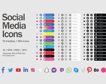 Conjunto de iconos editables para redes sociales: 165 iconos vectoriales, 11 estilos (descarga digital)