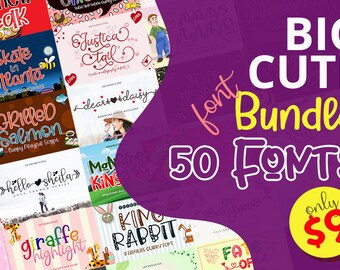 O pacote Big Cute Fonts contém 50 estilos de fontes manuscritas divertidas para artesanato, convites de casamento, logotipos, adesivos e estampas de camisetas.