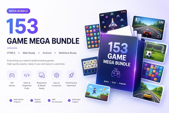 153 HTML5 Game Mega Bundle | Web + Android WebView Ready Casual Games Pack | Browser Game Templates | Game Source Codes