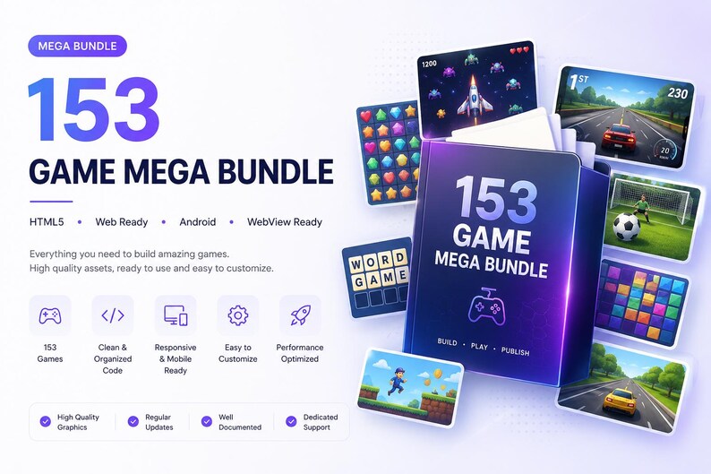 May include: A digital product bundle titled 153 GAME MEGA BUNDLE featuring a central purple folder icon surrounded by various game screenshots including racing, sports, and puzzle games. The text includes HTML5, Web Ready, Android, and WebView Ready.