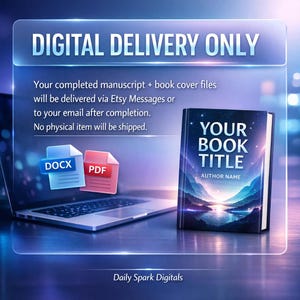 K&ouml;nnte beinhalten: Werbebild f&uuml;r digitale Produkte mit dem Text "DIGITAL DELIVERY ONLY". Ein Laptop zeigt DOCX- und PDF-Dateisymbole. Ein Buch mit dem Titel "YOUR BOOK TITLE" und "AUTHOR NAME" befindet sich auf der rechten Seite. Digitale Buchcover- und Manuskriptdateien.