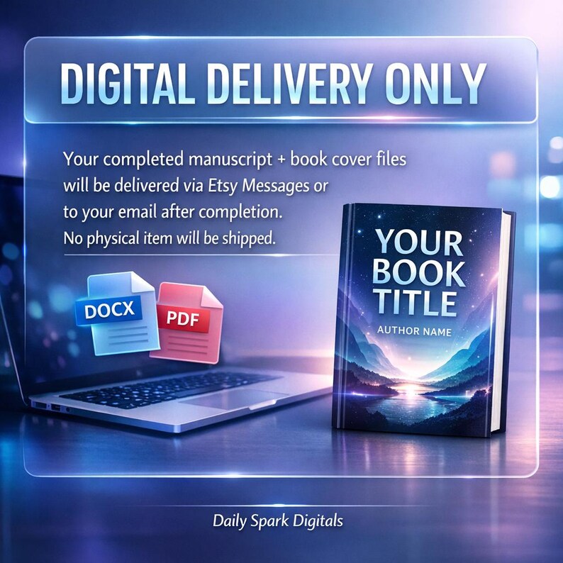 K&ouml;nnte beinhalten: Werbebild f&uuml;r digitale Produkte mit dem Text "DIGITAL DELIVERY ONLY". Ein Laptop zeigt DOCX- und PDF-Dateisymbole. Ein Buch mit dem Titel "YOUR BOOK TITLE" und "AUTHOR NAME" befindet sich auf der rechten Seite. Digitale Buchcover- und Manuskriptdateien.