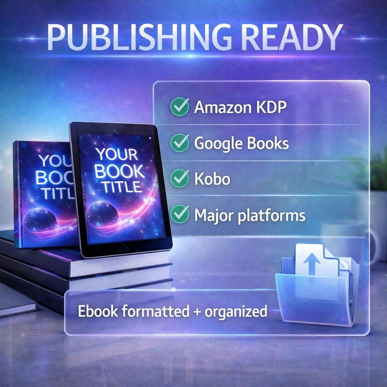 K&ouml;nnte beinhalten: Ein Bild zur Werbung f&uuml;r das E-Book-Publishing. Es zeigt ein Tablet und ein Buch mit dem Text "YOUR BOOK TITLE" und "YOU BOOK TITLE". Das Bild enth&auml;lt auch eine Liste von Plattformen: Amazon KDP, Google Books, Kobo und Major platforms. Die Texte "PUBLISHING READY" und "Ebook formatted + organized" sind ebenfalls sichtbar.