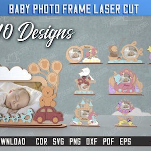 Könnte beinhalten: Eine Sammlung von zehn lasergeschnittenen Baby-Fotorahmen-Designs. Die Rahmen bestehen aus Holz und weisen verschiedene Themen auf, darunter ein Auto mit einem Teddybären, eine Wolke und ein Schloss. Der Text "BABY PHOTO FRAME LASER CUT" und "10 Designs" sind sichtbar.