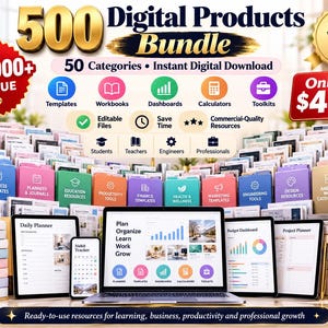 May include: A digital product bundle advertisement featuring the text 500 Digital Products Bundle, 50 Categories, and Instant Digital Download. The image displays various colorful file folders, a laptop, a tablet, and a smartphone showing planners.