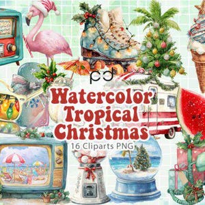 Aquarel tropische kerstclipart: strandkerst, png-bundel