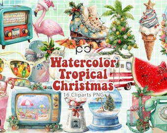 Watercolor Tropical Christmas Clipart: Beach Santa PNG Bundle