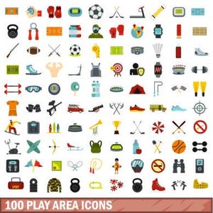 Könnte beinhalten: Eine Sammlung von 100 flachen Design-Icons, die sich auf Sport und Freizeitaktivitäten beziehen. Die Icons zeigen Ausrüstung für verschiedene Sportarten wie Fußball, American Football und Basketball sowie Fitness- und Outdoor-Aktivitäten. Der Text "100 PLAY AREA ICONS" befindet sich unten.