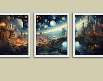 Boho Galaxy Wall Art Prints: Celestial Set of 3 (Digital Download)