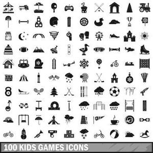 Puede incluir: Una colección de 100 iconos de juegos infantiles en blanco y negro. Los iconos incluyen un tiovivo, un tren de juguete, un balancín, un mando de videojuegos, un balón de fútbol y una bicicleta. El texto "100 KIDS GAMES ICONS" está en la parte inferior.