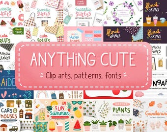 Pacote de gráficos e fontes fofos com cliparts, padrões, letras e fontes para projetos de arte kawaii para berçário infantil