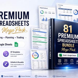 May include: A digital product bundle titled 81 Premium Spreadsheets Bundle Mega Pack, featuring a black binder graphic, Excel and Google Sheets logos, and multiple dashboard previews for budgeting, bookkeeping, planning, and trading tasks.