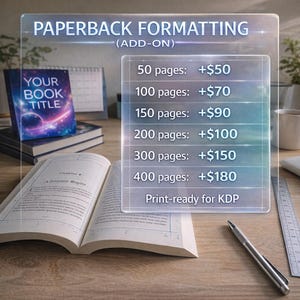 K&ouml;nnte beinhalten: Ein offenes Buch mit dem Text "A Journey Begins" liegt auf einem Holztisch, daneben ein Stift und ein Lineal. Ein Buch mit einem Galaxie-Cover und dem Text "YOUR BOOK TITLE" ist sichtbar. Eine Tabelle zeigt Optionen zur Taschenbuchformatierung.