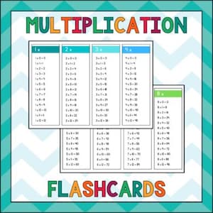 May include: A colorful multiplication flashcards set with the word "MULTIPLICATION" at the top and "FLASHCARDS" at the bottom. The flashcards are arranged in a grid format, with multiplication tables from 1x to 8x.