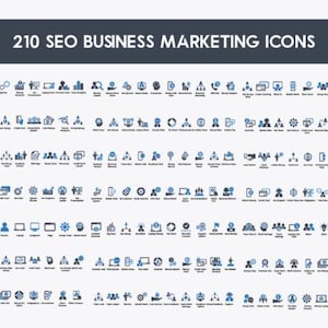 Może przedstawiać: Zbiór 210 ikon marketingu biznesowego SEO w kolorze niebieskim i białym. Ikony są ułożone w rzędach i kolumnach, z ciemnoniebieskim banerem u góry z napisem "210 SEO BUSINESS MARKETING ICONS". Ikony reprezentują różne koncepcje biznesowe i marketingowe.