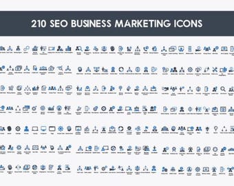 Puede incluir: Una colección de 210 iconos de marketing empresarial SEO en azul y blanco. Los iconos están dispuestos en filas y columnas, con una pancarta azul oscuro en la parte superior que dice "210 SEO BUSINESS MARKETING ICONS". Los iconos representan varios conceptos de negocios y marketing.