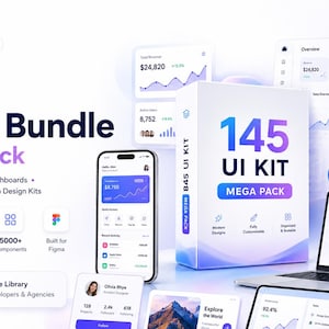 145 UI Kit Bundle Mega Pack | Figma UI-kits, gebruikersinterface mobiele app, beheerdersdashboard, websitesjablonen, UX-ontwerpbundel