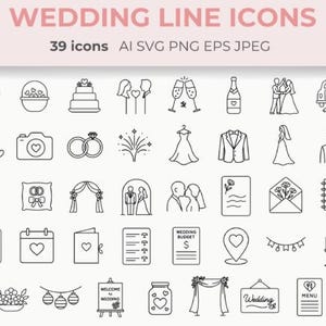 May include: A collection of 39 wedding-themed line icons in black and white. Icons include a gift, cake, rings, champagne glasses, a dress, a suit, and more. Text at the top reads "WEDDING LINE ICONS" and "39 icons AI SVG PNG EPS JPEG".