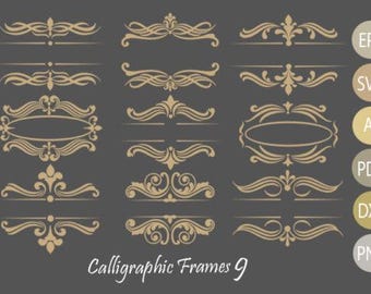 May include: A selection of gold-coloured calligraphic frames and dividers on a dark grey backdrop. The designs feature diverse shapes and styles, ideal for decorative use. The text "Calligraphic Frames 9" is shown at the bottom of the image.