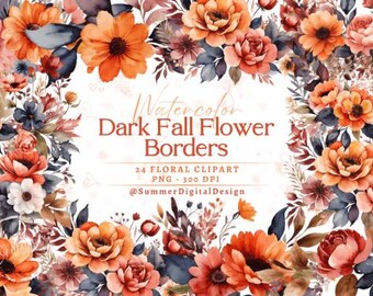 Aquarel herfstbloem clipart, bordeauxrode bloemen randen (PNG)