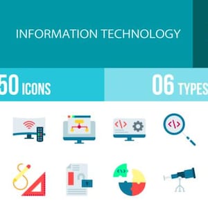 Pode incluir: Gráfico turquesa com as palavras "INFORMATION TECHNOLOGY" e "FLAT". Ele também exibe "50 ICONS" e "06 TYPES". Abaixo estão vários ícones relacionados a TI, incluindo um computador, uma lupa e um robô.