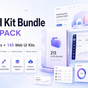 Può includere: Un pacchetto di kit per interfaccia utente contenente 213 kit, inclusi 68 per dispositivi mobili e 145 per il web. La visualizzazione mostra vari design di interfaccia, dashboard e landing page con sfumature viola e blu e livelli organizzati.