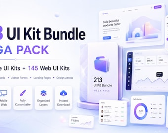 213 UI Kit Bundle Mega Pack | App Templates, Dashboards, Admin Panels, UI kit bundles (mobile app + dashboard + web UI)