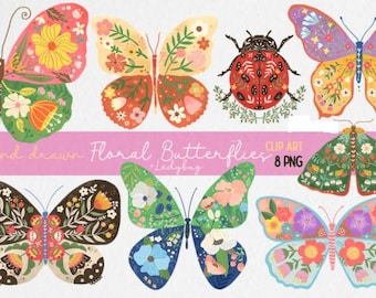 Watercolor Floral Butterfly PNG Clipart Bundle: Hand-Drawn Designs
