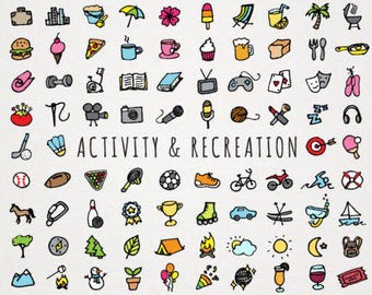 Handgetekende activiteitenpictogrammen: plannerstickers, scrapbooking (PNG, AI, EPS)