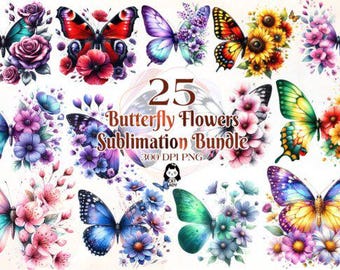 Paquete de imágenes prediseñadas de mariposas y flores en acuarela: PNG de alta resolución (descarga digital)